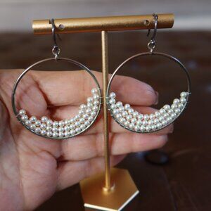 Chan Luu tiny pearl and silver front facing hoops earrings 2" long drops